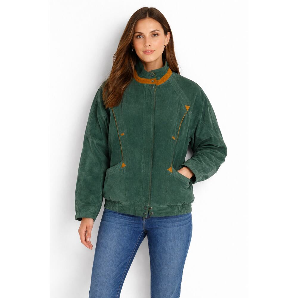 Vintage G4000 Green Suede Jacket Womens Size M Zip Front Bomber